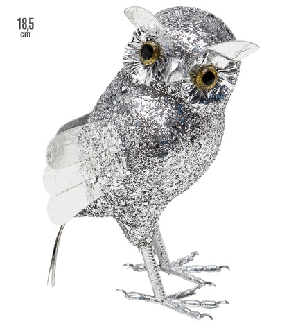 Glitter uil zilver als staand beeldje met goudgele ogen, foliekraag, metallic vleugels en poten, decoratie voor oud en nieuw