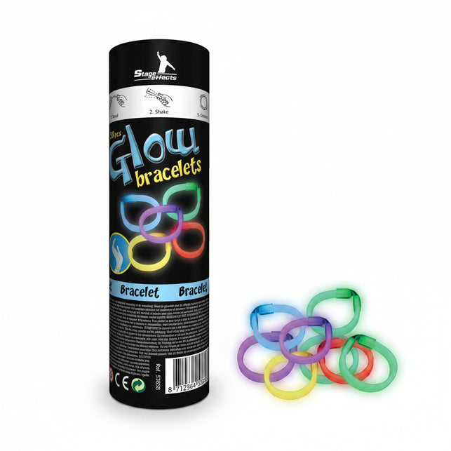 Glow in the dark armbandjes meerkleurig, koker met 30 stuks en opgelichte ringen in blauw, groen, paars, geel en rood