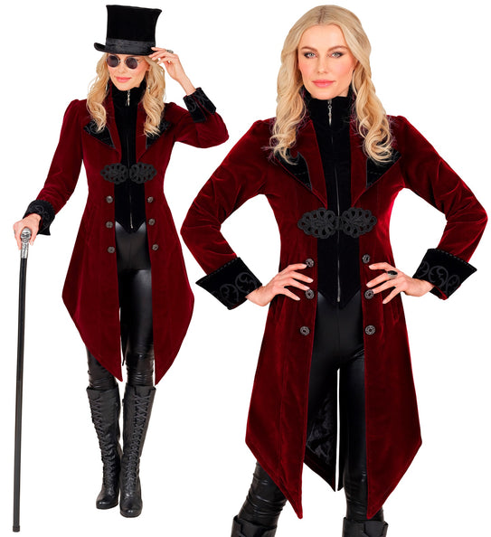 Gothic jas dames bordeauxrood fluweel met zwarte revers en siersluiting, voor Halloween