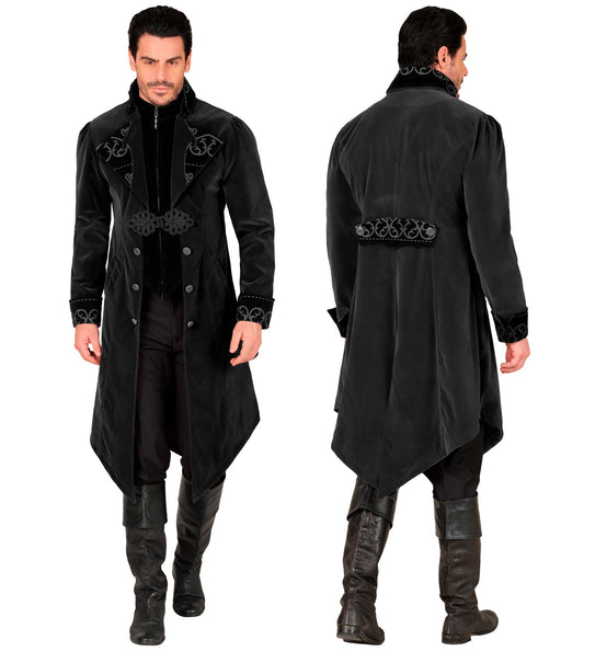 Gothic jas heren Julia zonder accessoires, zwart fluweel met asymmetrisch aflopende zoom