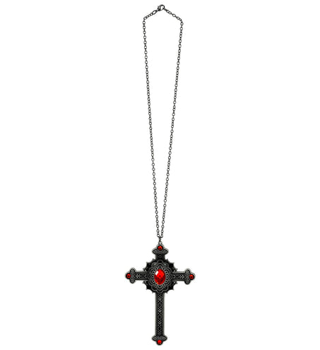 Gothic kruishanger aan lange donkere schakelketting, hele ketting zichtbaar