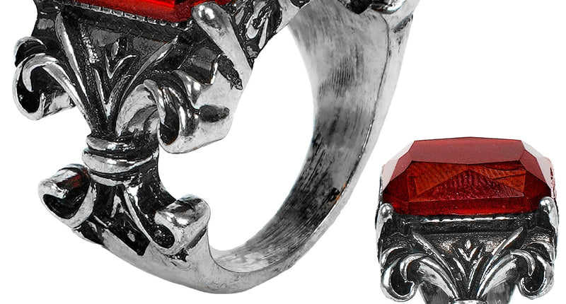 Gothic vampierring met grote rode facetgeslepen steen en zilverkleurige lelie-ornamenten