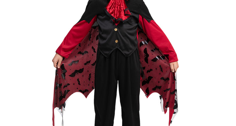 Gotisch vampieren pak kinderen in zwart met rood, cape met vleermuisprint en puntige zoom voor Halloween