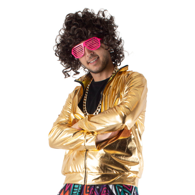 Gouden disco jas Winfred met rits en opstaande kraag, metallic glans, voor een discofeest
