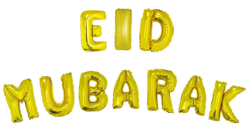 Gouden folieletters Eid Mubarak van 40 cm, opgeblazen en in twee regels gelegd