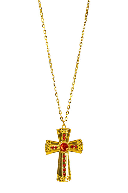 Gouden kruisketting met rij rode steentjes, hele lengte van de fijne schakelketting zichtbaar