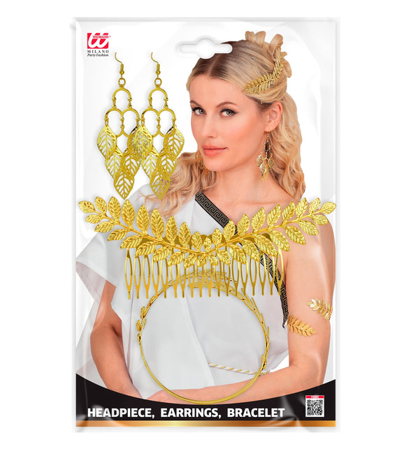 Gouden lauwerkrans sieradenset in verpakking met haarkam, oorbellen en armband voor dames