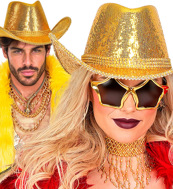 Gouden pailletten cowboyhoed gedragen door dame en heer op een discofeest