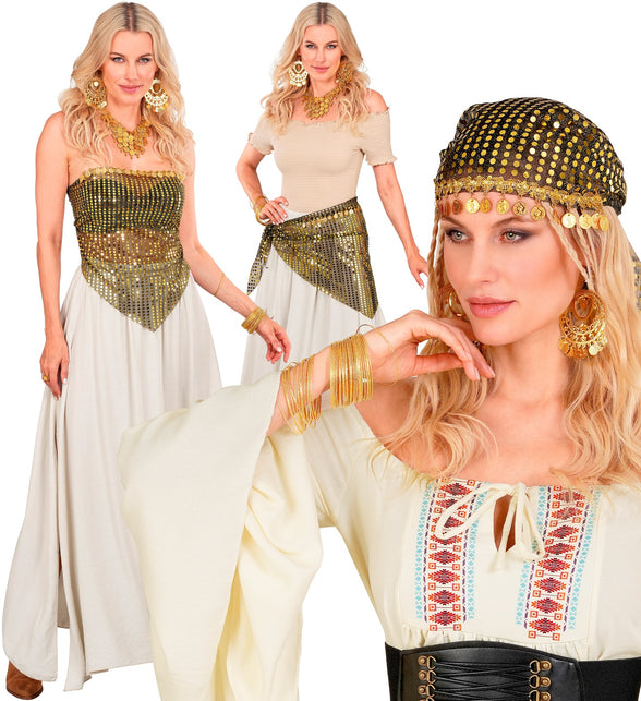 Gouden pailletten doek met muntjes als top en als heupsjaal gedragen bij een oosterse feestlook