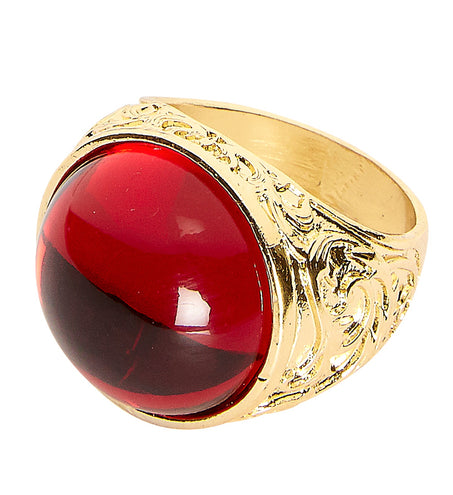 Gouden ring met rode steen, ovale cabochon in een zetting met gegraveerde krullen
