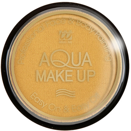 Gouden schmink aqua metallic met doorzichtig deksel en Aqua Make Up in reliëf in de koek, voor carnaval