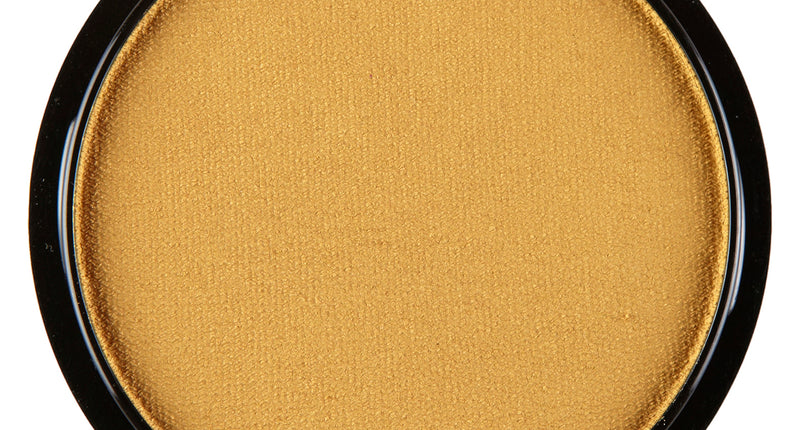 Gouden schmink aqua metallic open van bovenaf, egale goudkleurige koek in rond zwart doosje