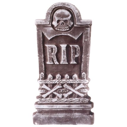 Grafsteen van karton met RIP-letters, doodskop en gekruiste botten voor Halloween
