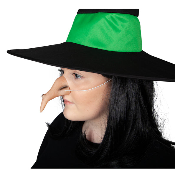Grappige heksenneus met wrat in huidtint, lange gebogen punt, gedragen onder zwarte punthoed voor Halloween