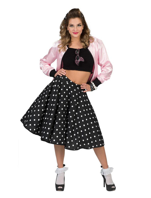 Grease jasje Pink lady in roze satijnlook met zwarte boord, gedragen voor een jaren 50-feest