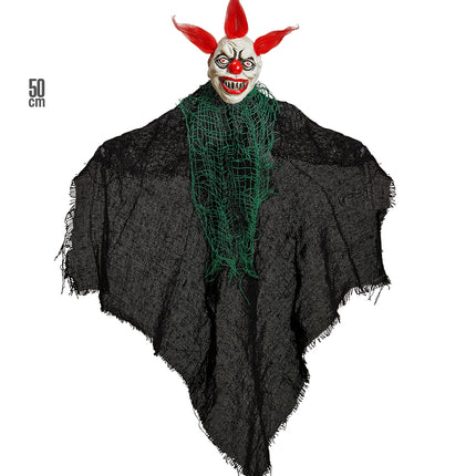 Griezelige clown decoratie van 50 cm hoog, hangend model met gerafelde punten in het zwarte doek