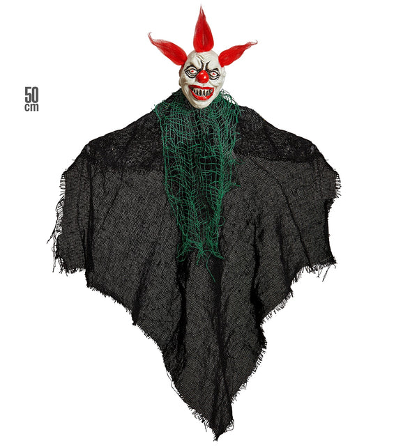 Griezelige clown decoratie van 50 cm hoog, hangend model met gerafelde punten in het zwarte doek