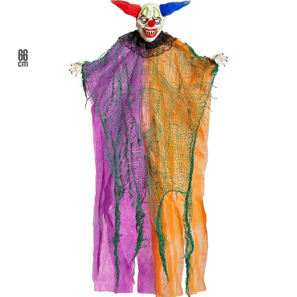 Griezelige clown decoratie met lengteaanduiding, wijd uitlopend gewaad in paars en oranje met gespreide witte handen