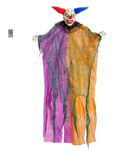 Griezelige clown decoratie met lengteaanduiding, wijd uitlopend gewaad in paars en oranje met gespreide witte handen