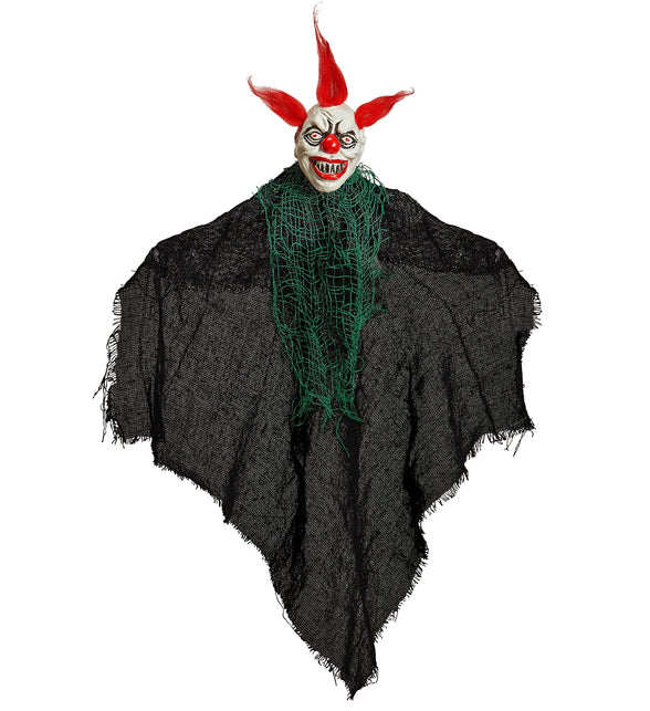 Griezelige clown decoratie in zwart gaasdoek met groene rafelkraag en rode haarplukken voor Halloween