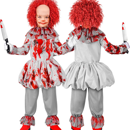 Grijs clownskostuum kind met geruchte manchetten en ruches aan de broekzomen