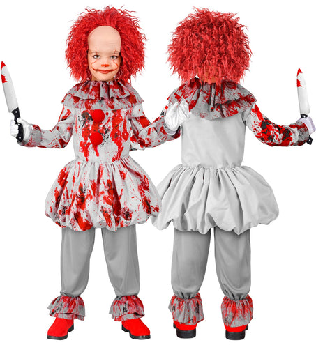 Grijs clownskostuum kind met geruchte manchetten en ruches aan de broekzomen