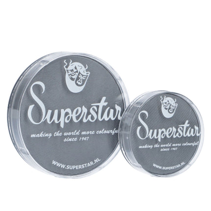 Grijze aquaschmink Superstar in twee potjesformaten met wit logo op de deksel