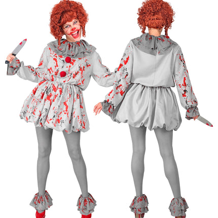 Grijze killer clown pofjurk met rode pompons en geplooide kraag, damesmodel van voor en achter
