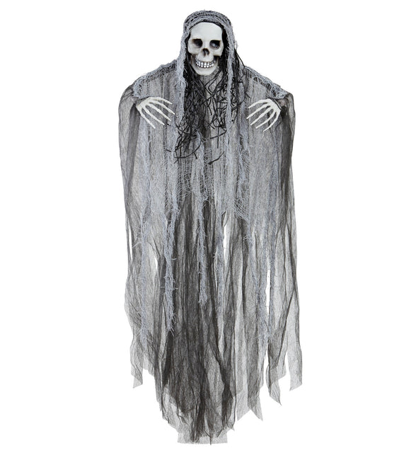 Grim reaper halloween decoratie in grijs gerafeld gaas met skeletgezicht en botten handen