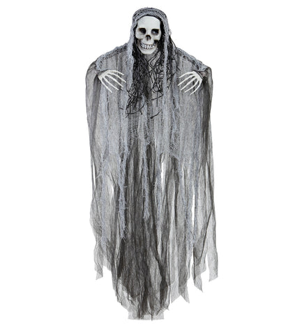 Grim reaper halloween decoratie in grijs gerafeld gaas met skeletgezicht en botten handen