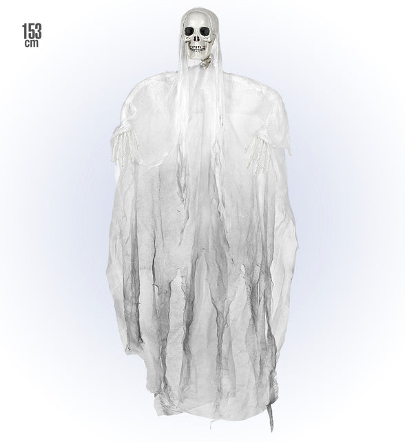 Grimreaper decoratie van 153 cm hoog met gerafelde witte mantel om op te hangen