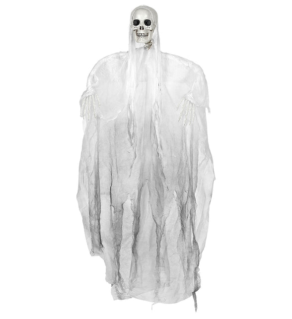 Grimreaper decoratie 153cm in wit gaas met skeletschedel en botten handen voor Halloween