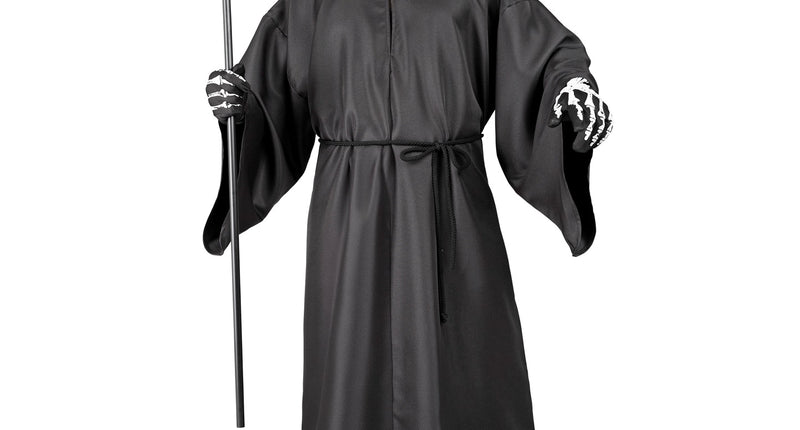 Grimreaper kostuum Donny: lange zwarte mantel met puntige kap en koord, voor Halloween