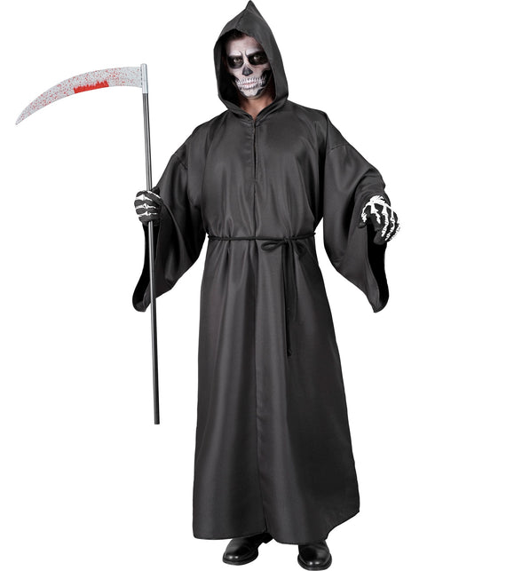 Grimreaper kostuum Donny: lange zwarte mantel met puntige kap en koord, voor Halloween