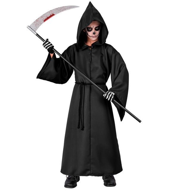 Grimreaper kostuum kinderen Donny, zwart gewaad met puntkap en koordriem voor Halloween