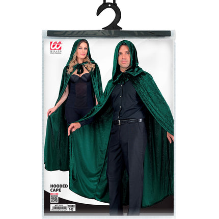Groen fluwelen cape met kap in verpakking van Widmann, lengte 140 cm
