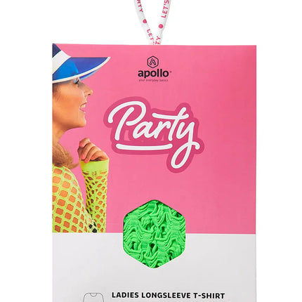 Groen netshirt met lange mouw in verpakking, naadloos gebreid model