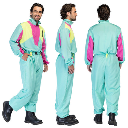 Groen retro skipak heren van voor, zij en achter: neonroze mouwvlakken en elastische taille met gele riemlus