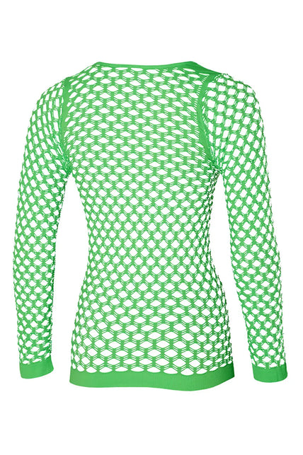Groen visnet shirt dames van achteren, doorlopend netpatroon in de mouwen