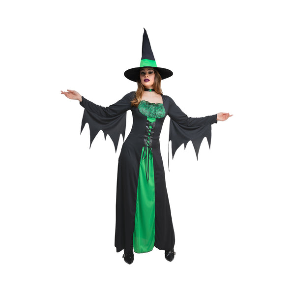 Groene heksenjurk met zwarte punthoed, groen kanten lijfje en puntige mouwen voor Halloween