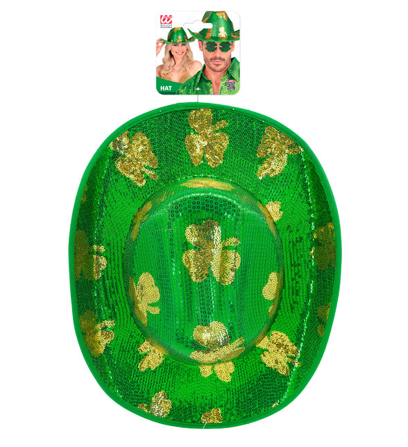 Groene paillettenhoed met gouden klavers, bovenaanzicht met verpakking