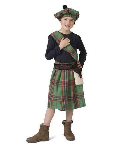 Groene Schotse kilt kinderen met ruitsjaal, muts met pompon en riem met tasje, voor carnaval