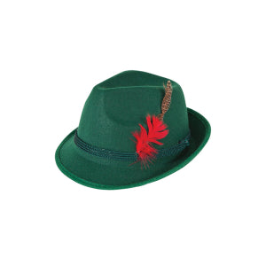 Groene tirolerhoed met donkere koordband en rood verenbosje, zijaanzicht op wit