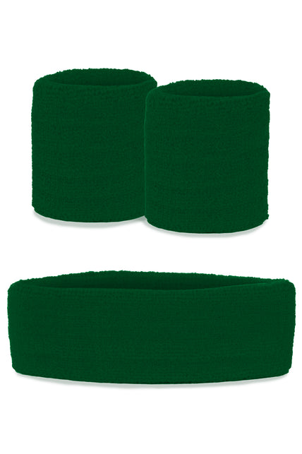 Groene zweetbandjes set 3-delig met brede hoofdband en twee polsbandjes in geribbelde badstof