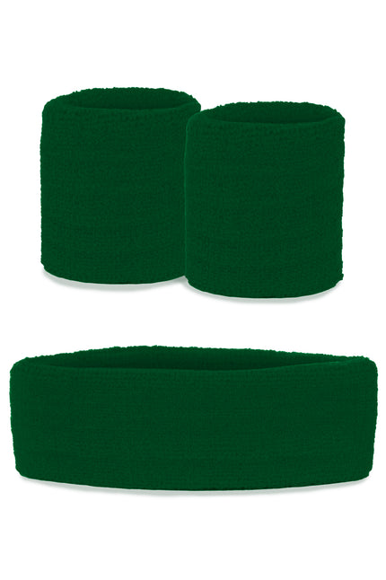 Groene zweetbandjes set 3-delig met brede hoofdband en twee polsbandjes in geribbelde badstof