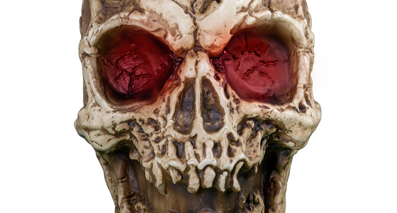 Groot skeletten schedel van pvc, vooraanzicht met bloedrode oogkassen en open kaak, Halloween decoratie