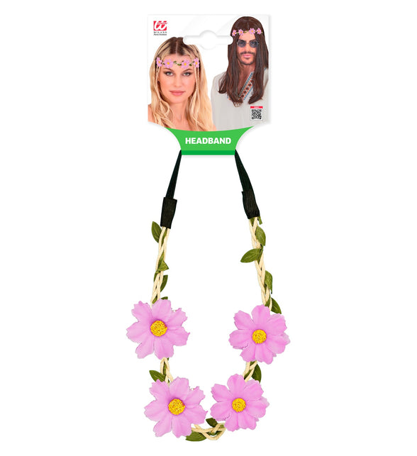 Haarband bloemen paars in verpakking, bloemenkrans met groene blaadjes voor een hippieoutfit