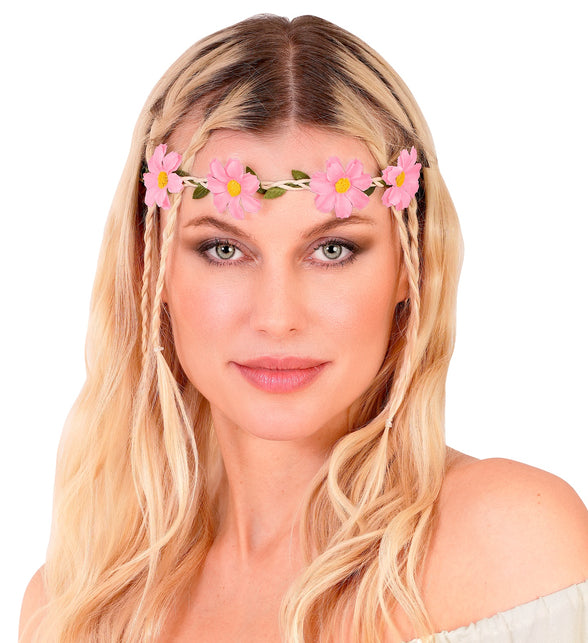 Haarband bloemen roze op blond haar, bloemenkrans laag op het voorhoofd voor hippiefeest