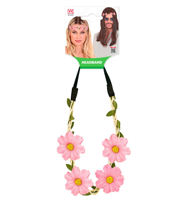 Haarband bloemen roze in verpakking van Widmann, roze bloemen met groene blaadjes
