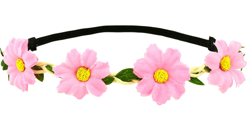 Haarband bloemen roze met vier stoffen bloemen op gevlochten bandje en zwart elastisch lint